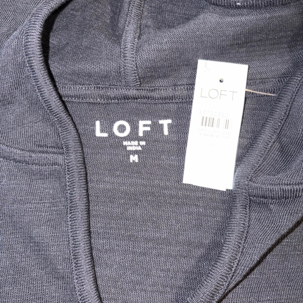LOFT NWT Womens Black Slub Knit Notched V-Neck Hoodie Sweatshirt Medium - Picture 2 of 6